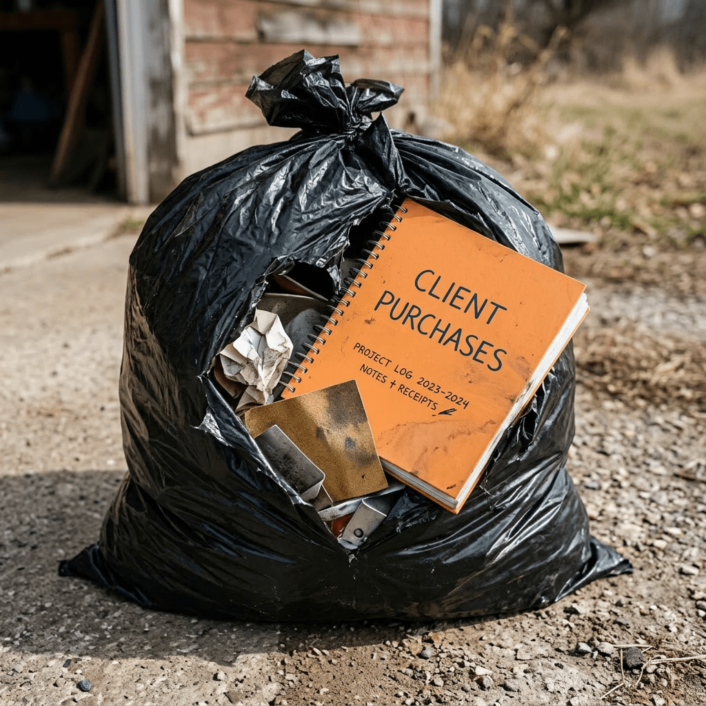 Black trash bag tied with a yellow twist tie, orange spiral notebook labeled client purchases on wooden workbench