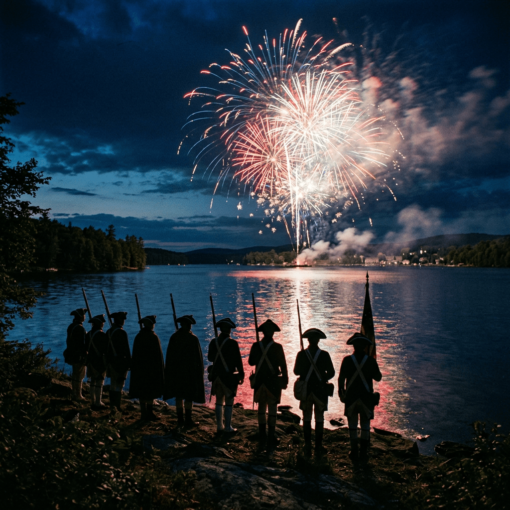 Colonial soldiers in uniform standing by a lake watching fireworks at night