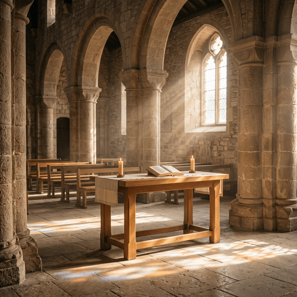 Wooden altar with open book and candles inside stone church with sunlight through stained glass windows